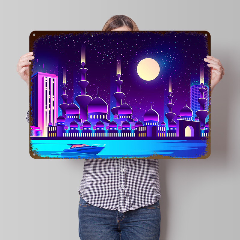 Home Office Dubai - Affiche Métallique Synthwave Néon City Dubaï,